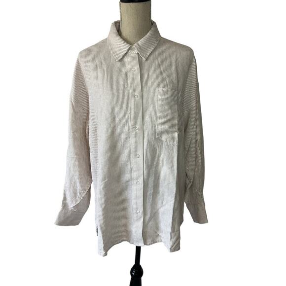 JustFab Linen Blend Top Striped oxford White/Beige Shirt lagenlook Resort wear - Picture 5 of 9